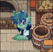 A pony town screenshot of a pale bluish green alien character inside a bakery.